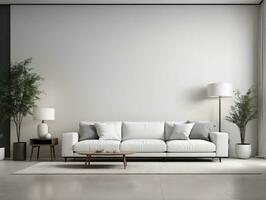 en vit soffa Sammanträde i en levande rum Nästa till en lampa. ai genererad foto