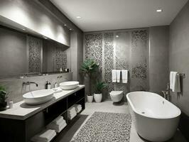 en bad rum med en bad badkar en handfat och en spegel. ai genererad foto
