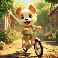 söt och animerad hund ridning en cykel och en liten leende ansikte skön bakgrund foto
