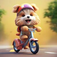 söt och animerad hund ridning en cykel och en liten leende ansikte skön bakgrund foto