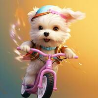 den söt och animerad hund ridning en cykel och en liten leende ansikte skön bakgrund foto
