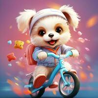 den söt och animerad hund ridning en cykel och en liten leende ansikte skön bakgrund foto