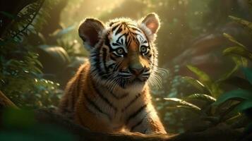 söt liten tiger ungar koppla av i de djungel i de morgon- av solig dag med ljus Sol ljus. generativ ai foto