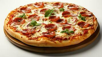pizza med salami och mozzarella ost på bakgrund , ai generativ foto
