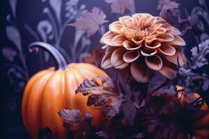 generativ ai, halloween duotone bakgrund med blommor och pumpa foto