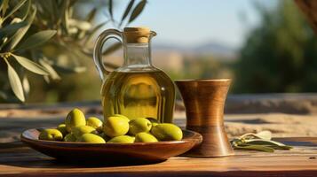 oliv olja av gyllene Färg i en transparent kanna. oliver i en glas vas foto