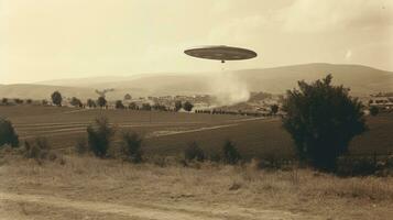 generativ ai, UFO över de italiensk landskap årgång Foto, utlänningar vittnen retro 1930 stil fotografi foto