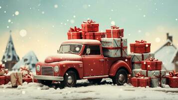 generativ ai, årgång jul bil med många gåvor, blå och röd färger. hälsning xmas kort, vinter- högtider foto