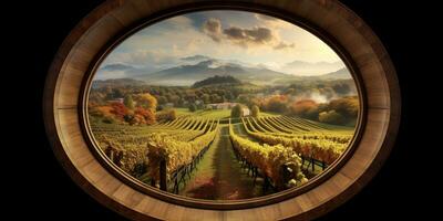 generativ ai, skön vingård, grön landskap. rader av vinstockar på solnedgång foto