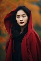 Foto av emotionell dynamisk utgör asiatisk kvinna i höst ai generativ