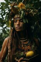 Foto av emotionell dynamisk utgör brasiliansk kvinna i höst ai generativ