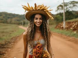 Foto av emotionell dynamisk utgör brasiliansk kvinna i höst ai generativ