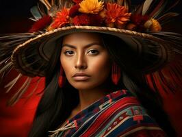 Foto av emotionell dynamisk utgör mexikansk kvinna i höst ai generativ