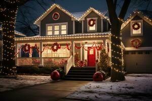 bostads- hus med jul dekorationer. generativ ai foto