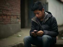 tonåring från colombia använder sig av en smartphone för spelar spel ai generativ foto