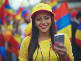 kvinna från colombia använder sig av smartphone för uppkopplad kommunikation ai generativ foto