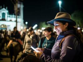 kvinna från colombia använder sig av smartphone för uppkopplad kommunikation ai generativ foto