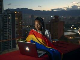 kvinna från colombia arbetssätt på en bärbar dator i en vibrerande urban miljö ai generativ foto
