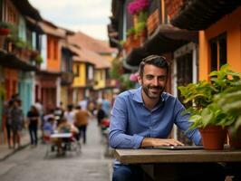 colombianska man arbetssätt på en bärbar dator i en vibrerande urban miljö ai generativ foto