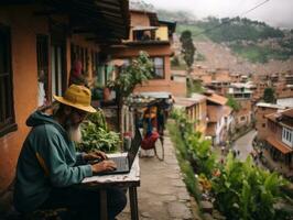 colombianska man arbetssätt på en bärbar dator i en vibrerande urban miljö ai generativ foto