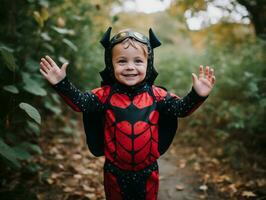 unge i en halloween kostym med en lekfull utgör ai generativ foto