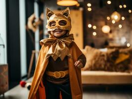 unge i en halloween kostym med en lekfull utgör ai generativ foto