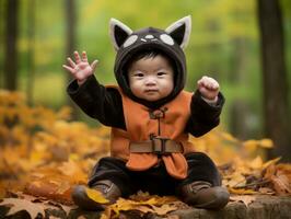unge i en halloween kostym med en lekfull utgör ai generativ foto