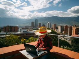 colombianska unge arbetssätt på en bärbar dator i en vibrerande urban miljö ai generativ foto