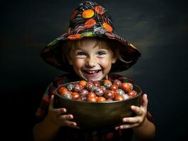 unge i halloween kostym innehav en skål av godis med busig flin ai generativ foto