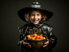 unge i halloween kostym innehav en skål av godis med busig flin ai generativ foto