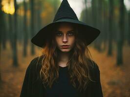kvinna klädd som en häxa för halloween ai generativ foto
