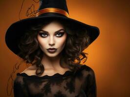 kvinna klädd som en häxa för halloween ai generativ foto