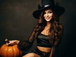 kvinna i en halloween kostym med en lekfull utgör ai generativ foto