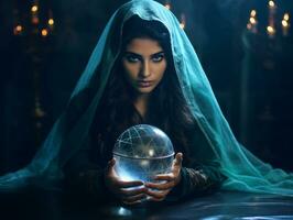 kvinna talande från en kristall boll klädd som en mystisk förmögenhet kassör ai generativ foto