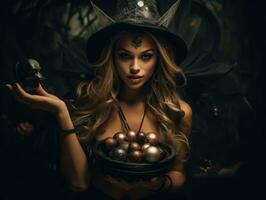 kvinna i en halloween kostym innehav en skål av godis med busig flin ai generativ foto