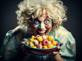 kvinna i en halloween kostym innehav en skål av godis med busig flin ai generativ foto
