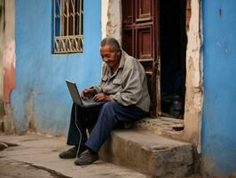 gammal colombianska man arbetssätt på en bärbar dator i en vibrerande urban miljö ai generativ foto