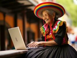 gammal colombianska kvinna arbetssätt på en bärbar dator i en vibrerande urban miljö ai generativ foto