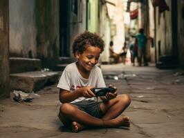 unge från colombia använder sig av smartphone för spelar spel ai generativ foto