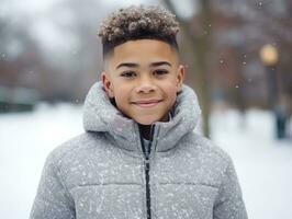 afrikansk amerikan unge åtnjuter de vinter- snöig dag i lekfull känslomässigt dynamisk utgör ai generativ foto