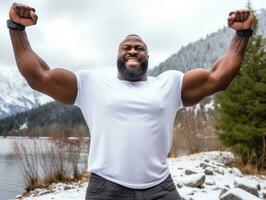 afrikansk amerikan man åtnjuter de vinter- snöig dag i lekfull känslomässigt dynamisk utgör ai generativ foto