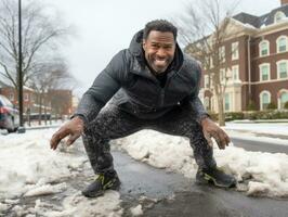 afrikansk amerikan man åtnjuter de vinter- snöig dag i lekfull känslomässigt dynamisk utgör ai generativ foto