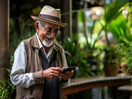 gammal man från colombia använder sig av en smartphone för uppkopplad kommunikation ai generativ foto