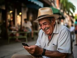 gammal man från colombia använder sig av en smartphone för uppkopplad kommunikation ai generativ foto