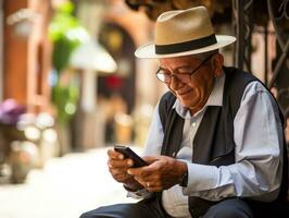 gammal man från colombia använder sig av en smartphone för uppkopplad kommunikation ai generativ foto