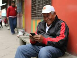 gammal man från colombia använder sig av en smartphone för uppkopplad kommunikation ai generativ foto