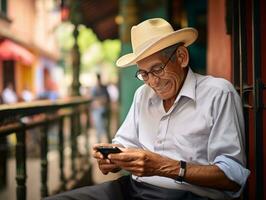 gammal man från colombia använder sig av en smartphone för uppkopplad kommunikation ai generativ foto