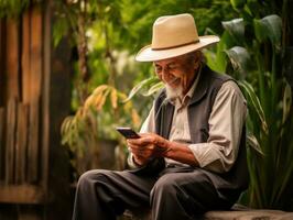 gammal man från colombia använder sig av en smartphone för uppkopplad kommunikation ai generativ foto