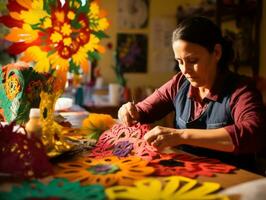 kvinnor skapa papel picado färgrik papper dekorationer ai generativ foto