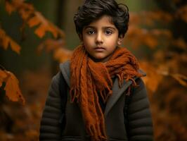indisk unge i lekfull känslomässigt dynamisk utgör på höst bakgrund ai generativ foto